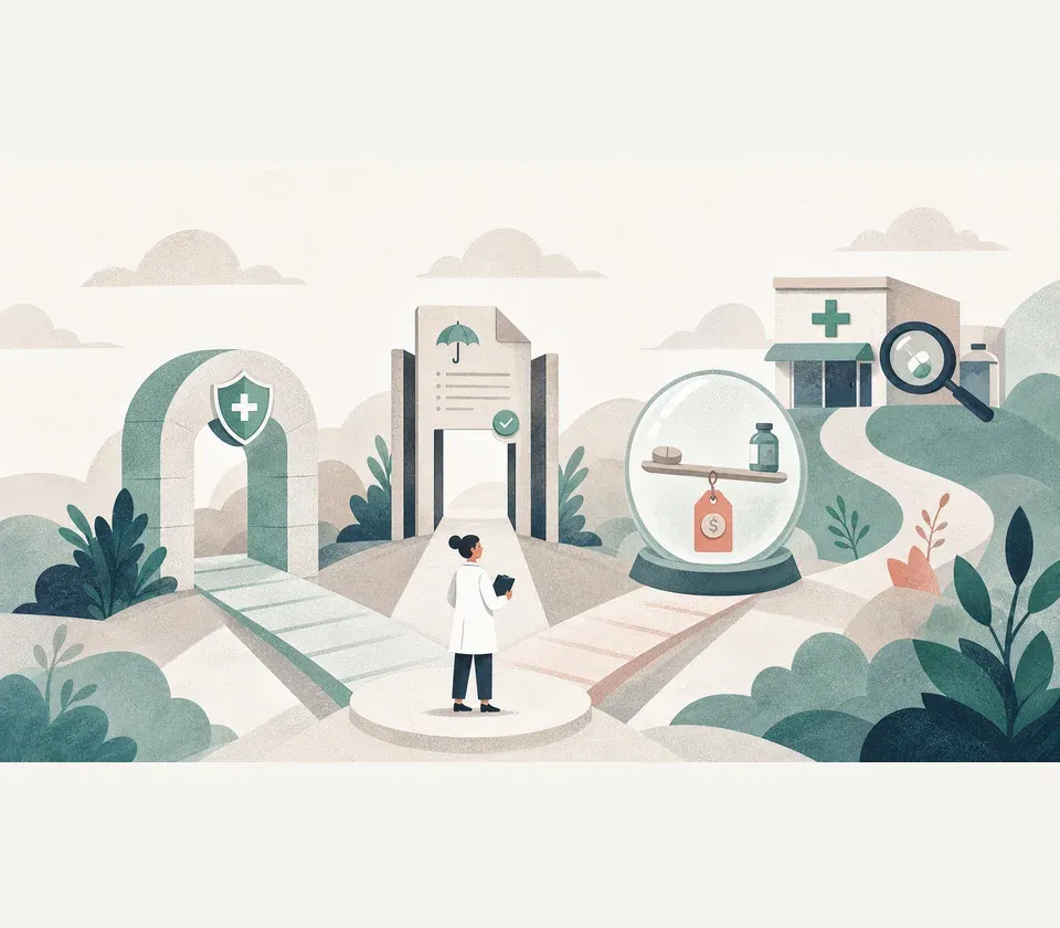A clinician compares public funding, insurance, and self-pay routes toward a pharmacy
