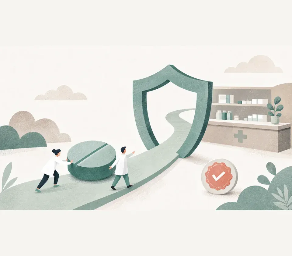 Clinicians guide a tablet through a funding shield toward a pharmacy