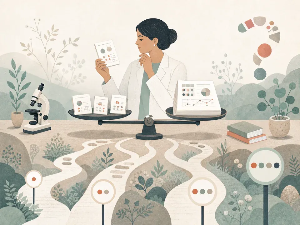 A researcher balances small studies against larger controlled trials across uncertain evidence pathways